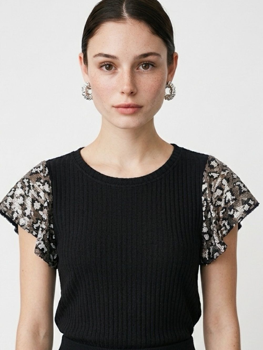 THML | Animal Print Leopard Sequin Flutter Sleeve Black Top Women’s Size Medium